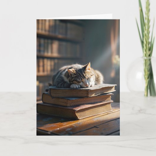 Carte Tabby Cat Napping Anniversaire Sur Bibliothèque Li (Devant)