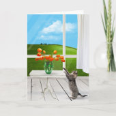 Carte Tabby Chat avec Bouquet de tulipe orange (Devant)