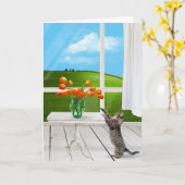 Carte Tabby Chat avec Bouquet de tulipe orange (Fleur jaune)