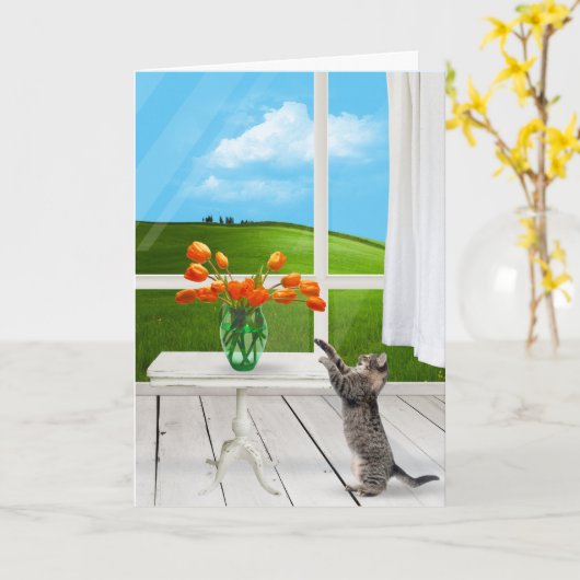 Carte Tabby Chat avec Bouquet de tulipe orange (Fleur jaune)