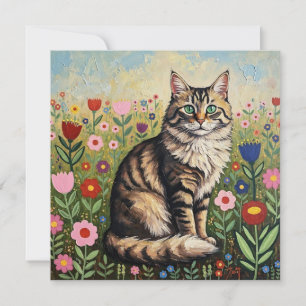 Carte Tabby Gris Fluffy Chat et Fleurs d'Art Folk