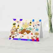 Carte Table de Hanukkah joyeuse avec menorah, nourriture (Devant)