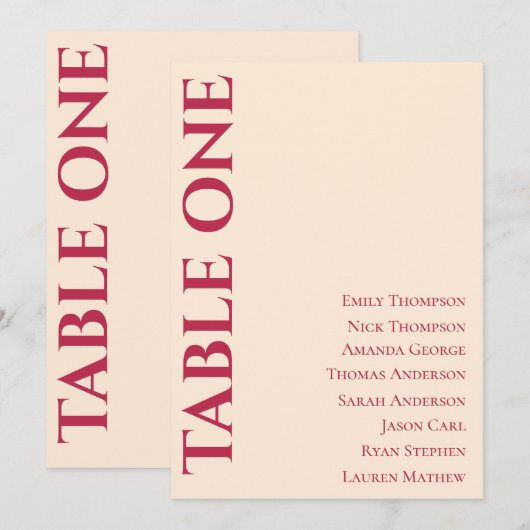 Carte Table de mariage contemporaine élégant Tableau de (Devant / Derrière)