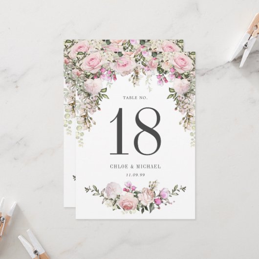 Carte Table de Mariage rose rose rustique (Devant/Arrière en situation)