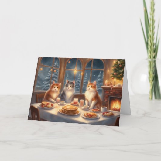 Carte Table de petit-déjeuner de Noël de chat confortabl (Devant)