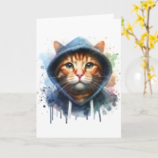 Carte Tableau chat tigré à capuche bleue en aquarelle éc (Fleur jaune)