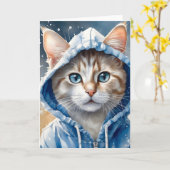 Carte Tableau chat tigré à capuche bleue en aquarelle éc (Fleur jaune)