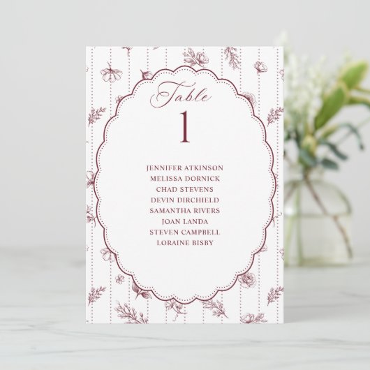 Carte Tableau de placement de mariage ovale bordeaux vin (Debout devant)