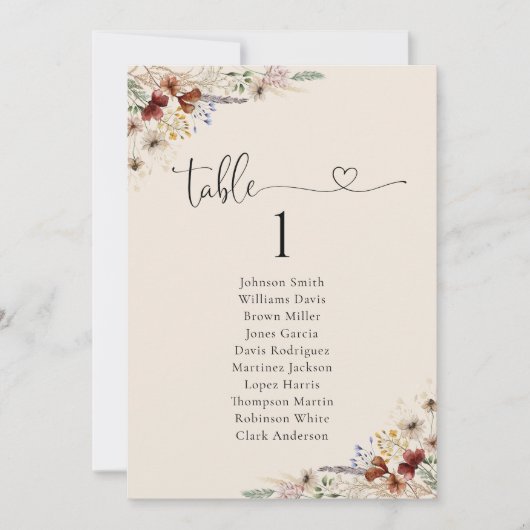 Carte Tableau de sièges Boho Tiny Fleur sauvage Mariage (Devant)