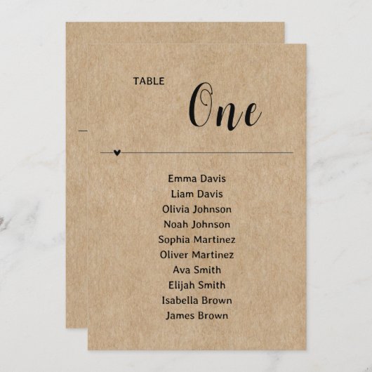 Carte Tableau de sièges Mariage en papier rustique (Devant / Derrière)