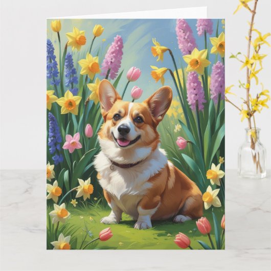 Carte Tableau des fleurs de printemps de Chien de Corgi (Fleur jaune)