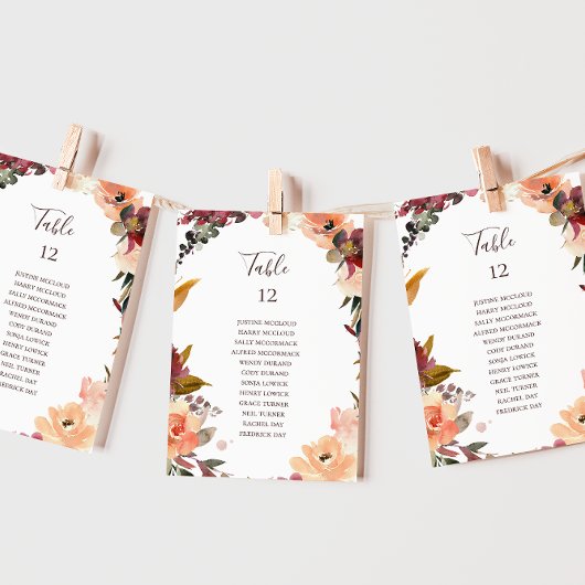 Carte Tableau des numéros de la table Florale Orange Bou