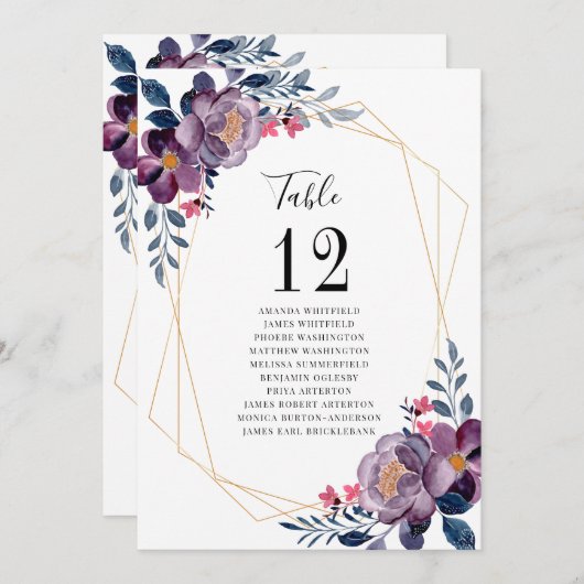 Carte Tableau géométrique violet fleuri Numéro Siège Mar (Devant / Derrière)