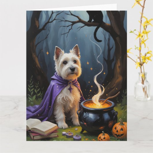 Carte Tableau Whimsical Halloween de Cairn Terrier Chien (Fleur jaune)