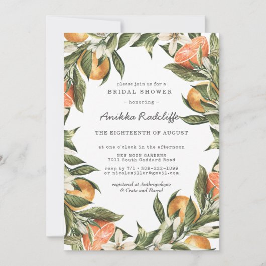 Carte Tangerine Citrus verdure Nuptiale Douche Invitatio (Devant)