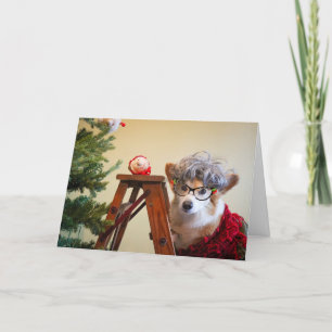 Carte Tante Gussy le Corgi Décorant l'Arbre de Noël