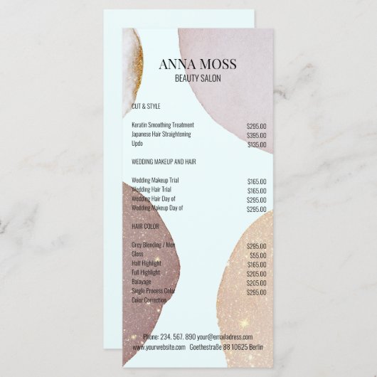 Carte Tarif Parties scintillant Rosegold spécifique au c (Devant / Derrière)