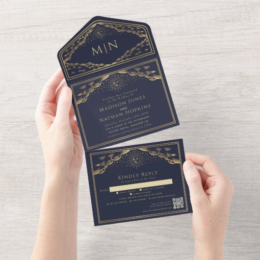 Carte Tarot Sun Moon Navy QR Code Mariage Invitati (Déchirure)