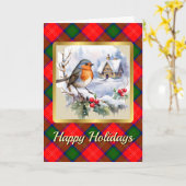 Carte Tartan Chisholm avec rouge-gorge Noël personnalisé (Fleur jaune)