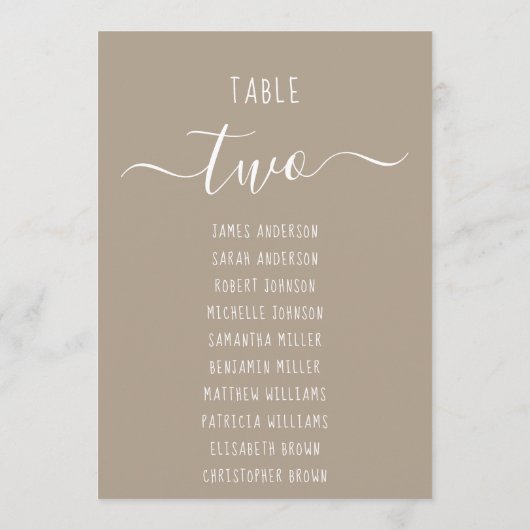 Carte Taupe Modern White Script Brown Seating Chart Card (Dos)