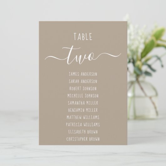 Carte Taupe Modern White Script Brown Seating Chart Card (Debout devant)