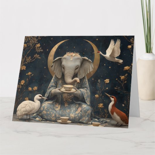 Carte Tea Party mystique d'éléphants sous la lune de cro (Devant)