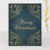 Carte Teal Blue Faux Gold Ornate Border Merry Christmas (Fleur jaune)