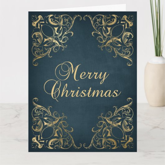 Carte Teal Blue Faux Gold Ornate Border Merry Christmas (Devant)