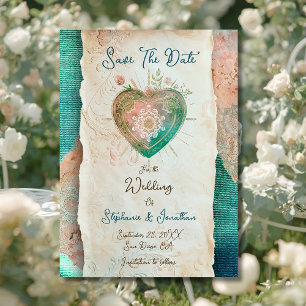 Carte Teal Blush Lace Heart Baroque Enregistrez la Date