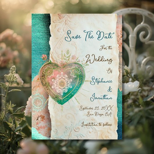 Carte Teal Blush Lace Heart Rococo Wedding Save the Date