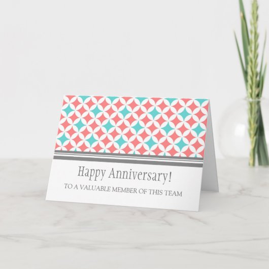 Carte Teal Coral Circles Employee Anniversary Card (Devant)