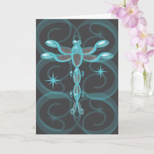 Carte Teal, Grey, Glass Dragonfly with Stars Birthday (Orchidée)