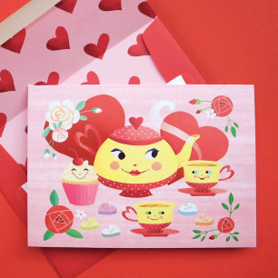 Carte Teapot mignonne et Teacups Saint-Valentin