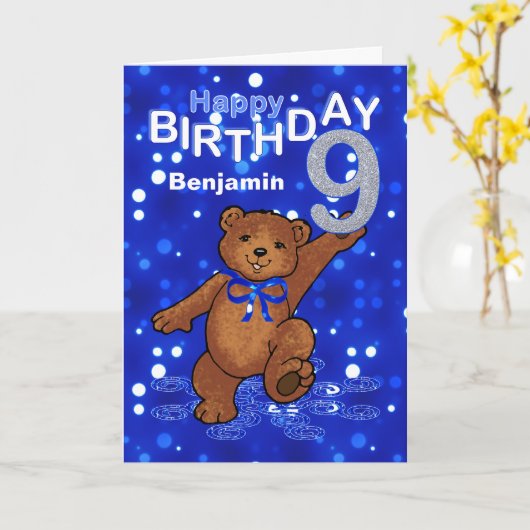 Carte Teddy Bear 9e anniversaire pour garçon (Fleur jaune)