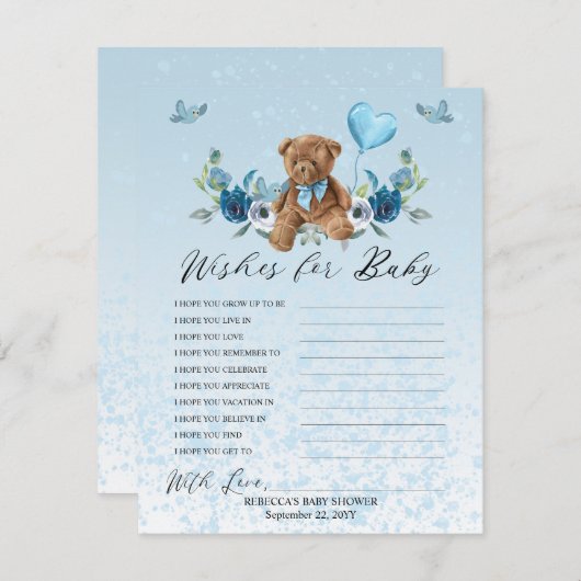 Carte Teddy Bear Blue Balloon Wives for Baby Game (Devant / Derrière)