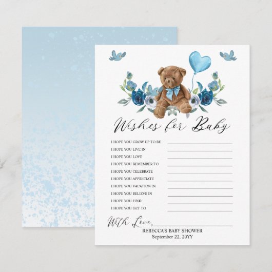 Carte Teddy Bear Blue Balloon Wives for Baby Game (Devant / Derrière)