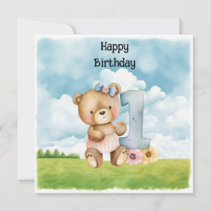Carte Teddy Bear Girl 1er Anniversaire d'un an