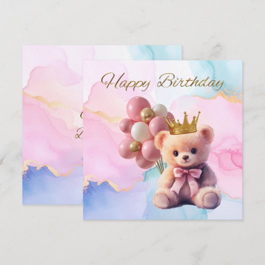 Carte Teddy Bear Pink Bow Gold Crown Joyeux anniversaire (Devant / Derrière)