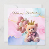 Carte Teddy Bear Pink Bow Gold Crown Joyeux anniversaire (Devant)