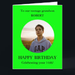 Carte Teenage Grandson Photo 14th BIG Birthday Card<br><div class="desc">Teenage Grandson Photo 14th BIG Birthday Card de grand-mère et grand-père. Remettez ceci à votre nom préféré comme Grand-mère, Grand-mère, Grand-mère, Grand-mère. L'anniversaire de l'adolescent ! Pour 14 ans. Alternativement, vous pouvez ajouter n'importe quel AGE des 13ème, 15ème, 16ème, 17ème, 18ème Ajoutez votre propre photo sélectionnée dans un cadre rond...</div>
