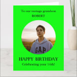 Carte Teenage Grandson Photo 14th BIG Birthday Card<br><div class="desc">Teenage Grandson Photo 14th BIG Birthday Card de grand-mère et grand-père. Remettez ceci à votre nom préféré comme Grand-mère, Grand-mère, Grand-mère, Grand-mère. L'anniversaire de l'adolescent ! Pour 14 ans. Alternativement, vous pouvez ajouter n'importe quel AGE des 13ème, 15ème, 16ème, 17ème, 18ème Ajoutez votre propre photo sélectionnée dans un cadre rond...</div>