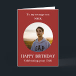 Carte Teenage Son Photo 13th Birthday Card<br><div class="desc">Photo du Fils adolescent Carte Anniversaire Rouge Blanc de maman, maman, mère. Pour 13 ans. Le premier anniversaire d'adolescent ! Alternativement, vous pouvez ajouter n'importe quelle relation et ajouter N'IMPORTE QUEL ÂGE de 14ème, 15ème, 16ème, 17ème, 18ème Ajoutez votre propre photo sélectionnée dans un cadre rond rouge pour faire de...</div>