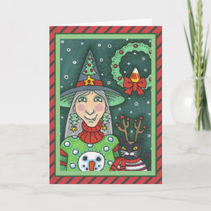CARTE TÉMOIN EN SWÉTER À NEIGE, CHAT NOIR XMAS HALLOWEEN