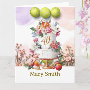 Carte Tennis 40e anniversaire avec gâteau et numéro quar