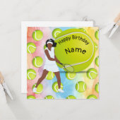 Carte Tennis Anniversaire avec joueuse de tennis (Devant/Arrière en situation)