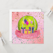 Carte Tennis Anniversaire Pink thème pour fille (Devant/Arrière en situation)