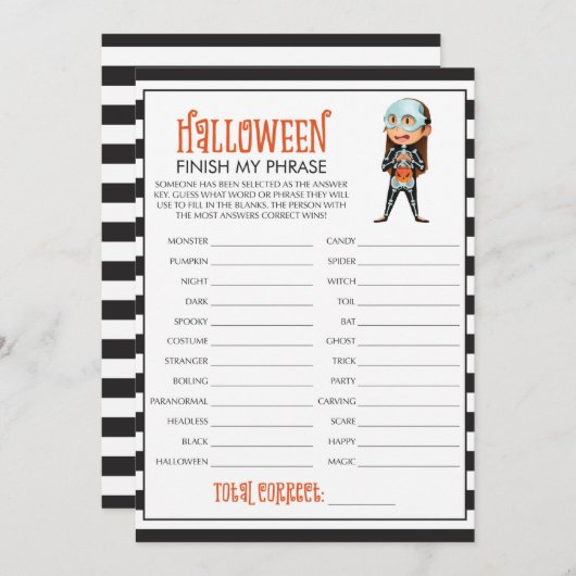 Carte Terminer Mon Phrase Halloween jeu de fête (Devant / Derrière)