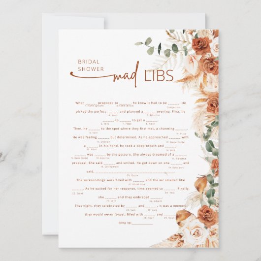 Carte Terracotta Boho Floral Mad Lib Bridal Shower Game  (Devant)