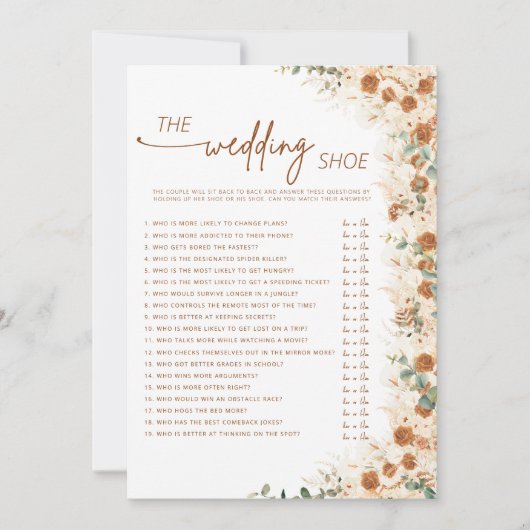 Carte Terracotta Boho Pampas Floral Mariage jeu de chaus (Devant)