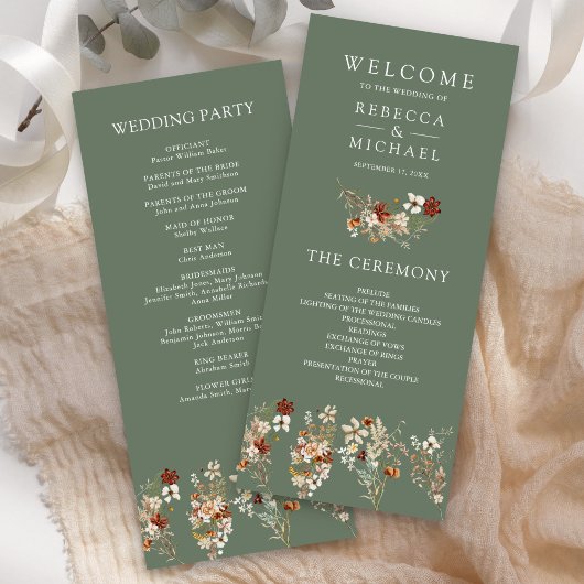 Carte Terracotta Fleur sauvage Sage Green Wedding Progra